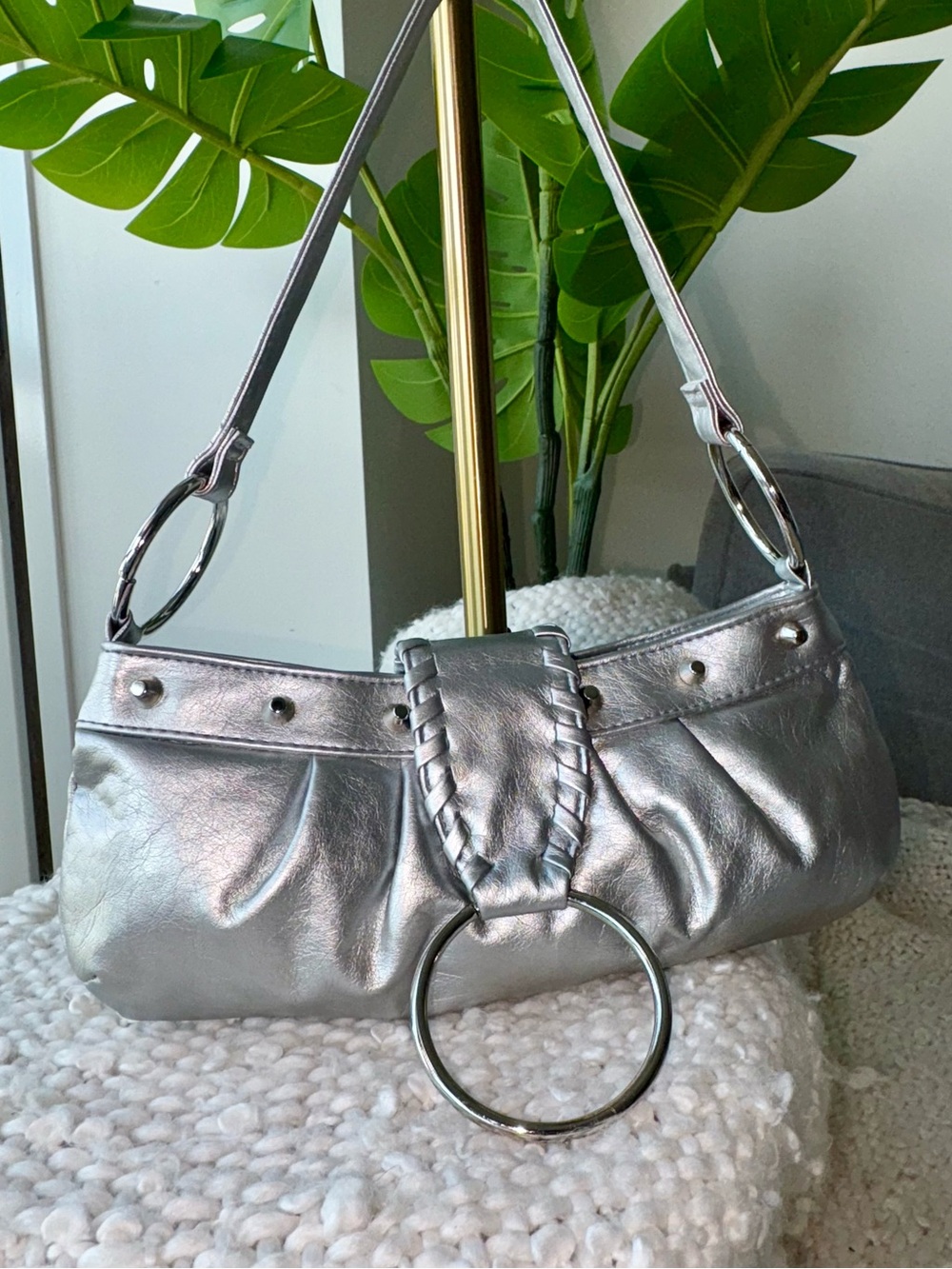 Y2K Metallic Silver O-Ring Studded Shoulder Bag McBling Purse